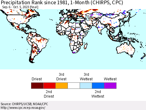World Precipitation Rank since 1981, 1-Month (CHIRPS) Thematic Map For 9/6/2023 - 10/5/2023