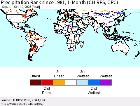 World Precipitation Rank since 1981, 1-Month (CHIRPS) Thematic Map For 9/11/2023 - 10/10/2023