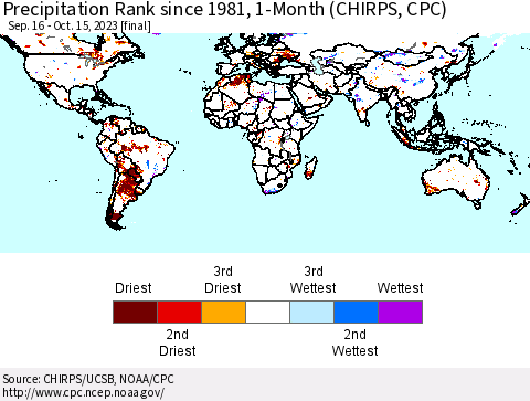 World Precipitation Rank since 1981, 1-Month (CHIRPS) Thematic Map For 9/16/2023 - 10/15/2023