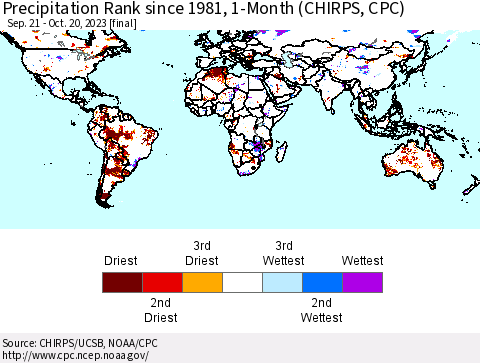 World Precipitation Rank since 1981, 1-Month (CHIRPS) Thematic Map For 9/21/2023 - 10/20/2023
