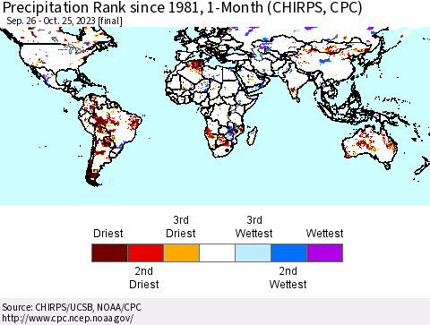 World Precipitation Rank since 1981, 1-Month (CHIRPS) Thematic Map For 9/26/2023 - 10/25/2023