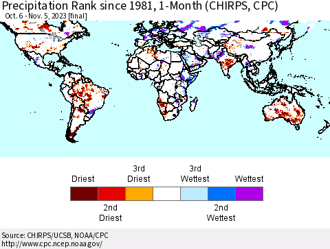 World Precipitation Rank since 1981, 1-Month (CHIRPS) Thematic Map For 10/6/2023 - 11/5/2023