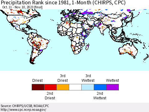 World Precipitation Rank since 1981, 1-Month (CHIRPS) Thematic Map For 10/11/2023 - 11/10/2023