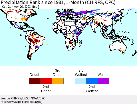 World Precipitation Rank since 1981, 1-Month (CHIRPS) Thematic Map For 10/21/2023 - 11/20/2023
