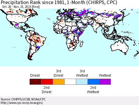 World Precipitation Rank since 1981, 1-Month (CHIRPS) Thematic Map For 10/26/2023 - 11/25/2023