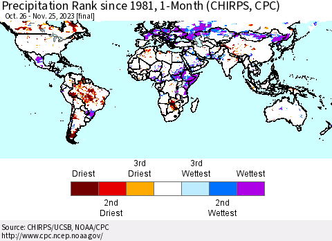 World Precipitation Rank since 1981, 1-Month (CHIRPS) Thematic Map For 10/26/2023 - 11/25/2023