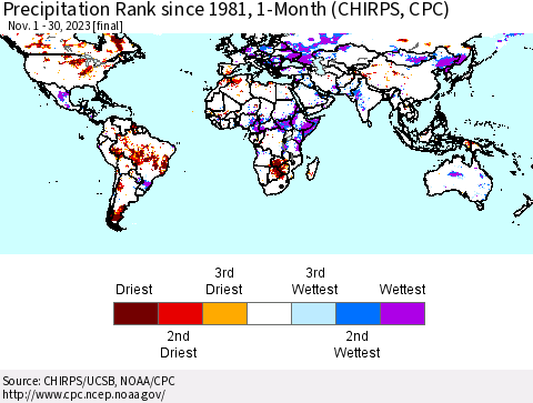 World Precipitation Rank since 1981, 1-Month (CHIRPS) Thematic Map For 11/1/2023 - 11/30/2023