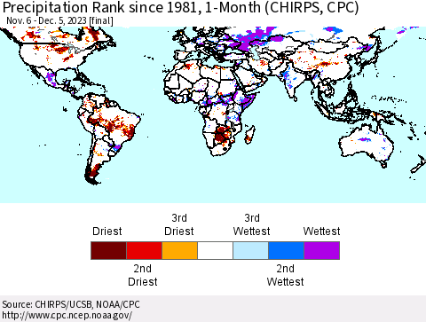 World Precipitation Rank since 1981, 1-Month (CHIRPS) Thematic Map For 11/6/2023 - 12/5/2023