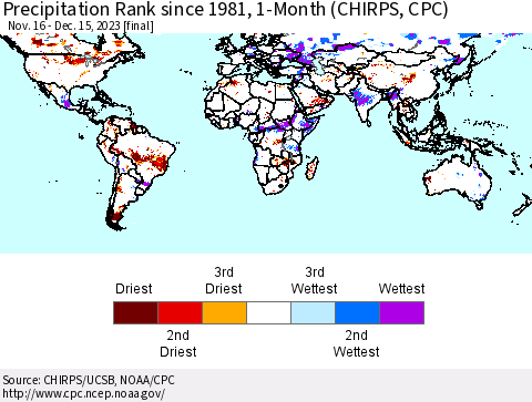 World Precipitation Rank since 1981, 1-Month (CHIRPS) Thematic Map For 11/16/2023 - 12/15/2023