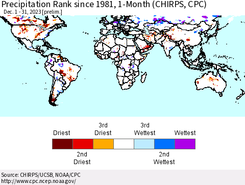 World Precipitation Rank since 1981, 1-Month (CHIRPS) Thematic Map For 12/1/2023 - 12/31/2023