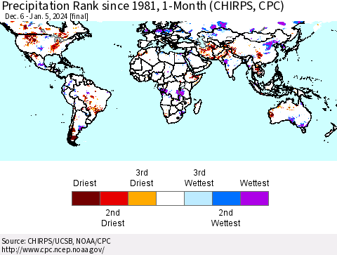 World Precipitation Rank since 1981, 1-Month (CHIRPS) Thematic Map For 12/6/2023 - 1/5/2024