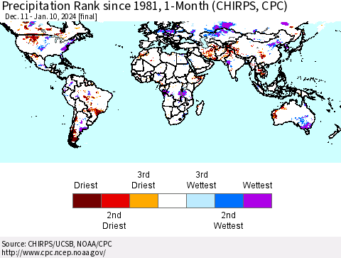World Precipitation Rank since 1981, 1-Month (CHIRPS) Thematic Map For 12/11/2023 - 1/10/2024