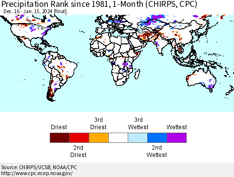 World Precipitation Rank since 1981, 1-Month (CHIRPS) Thematic Map For 12/16/2023 - 1/15/2024