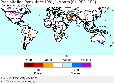 World Precipitation Rank since 1981, 1-Month (CHIRPS) Thematic Map For 12/16/2023 - 1/15/2024