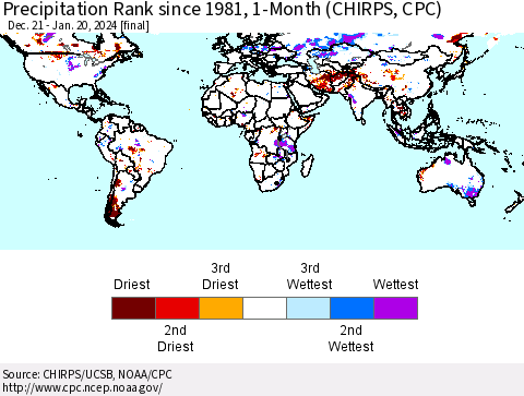 World Precipitation Rank since 1981, 1-Month (CHIRPS) Thematic Map For 12/21/2023 - 1/20/2024