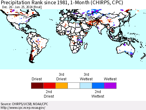 World Precipitation Rank since 1981, 1-Month (CHIRPS) Thematic Map For 12/26/2023 - 1/25/2024
