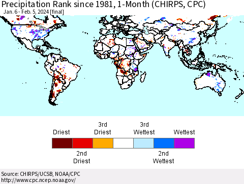 World Precipitation Rank since 1981, 1-Month (CHIRPS) Thematic Map For 1/6/2024 - 2/5/2024