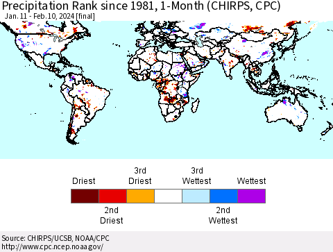 World Precipitation Rank since 1981, 1-Month (CHIRPS) Thematic Map For 1/11/2024 - 2/10/2024