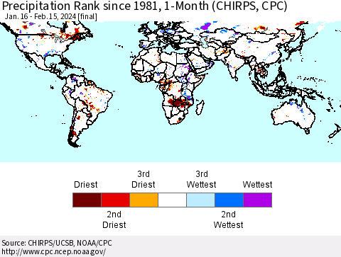 World Precipitation Rank since 1981, 1-Month (CHIRPS) Thematic Map For 1/16/2024 - 2/15/2024