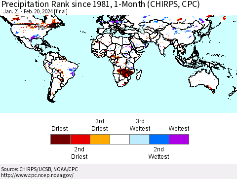 World Precipitation Rank since 1981, 1-Month (CHIRPS) Thematic Map For 1/21/2024 - 2/20/2024