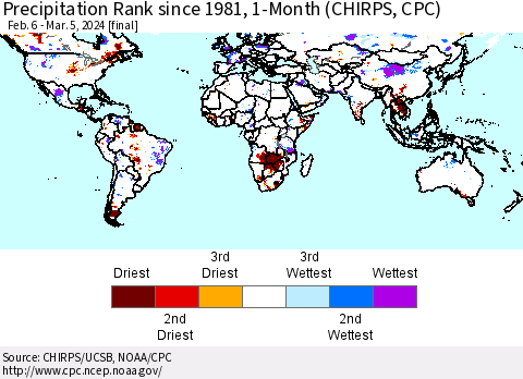 World Precipitation Rank since 1981, 1-Month (CHIRPS) Thematic Map For 2/6/2024 - 3/5/2024