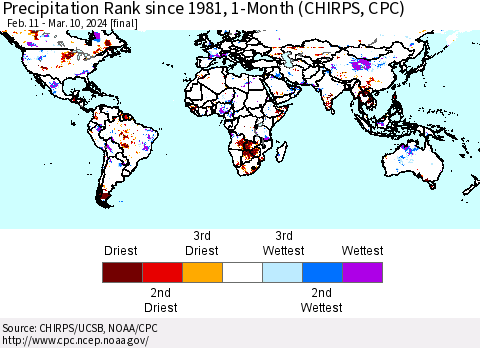 World Precipitation Rank since 1981, 1-Month (CHIRPS) Thematic Map For 2/11/2024 - 3/10/2024