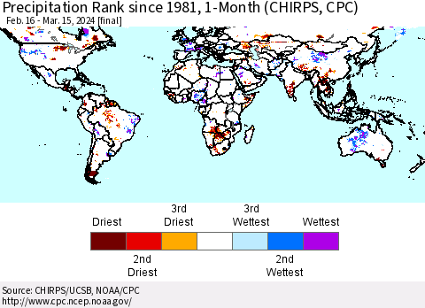 World Precipitation Rank since 1981, 1-Month (CHIRPS) Thematic Map For 2/16/2024 - 3/15/2024