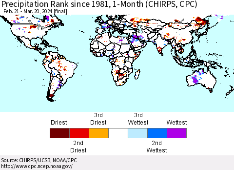 World Precipitation Rank since 1981, 1-Month (CHIRPS) Thematic Map For 2/21/2024 - 3/20/2024