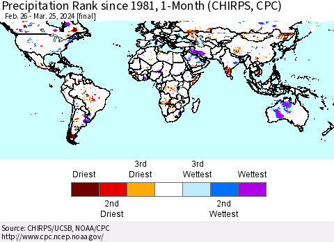 World Precipitation Rank since 1981, 1-Month (CHIRPS) Thematic Map For 2/26/2024 - 3/25/2024