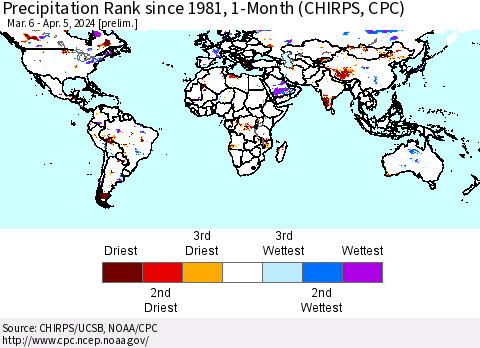 World Precipitation Rank since 1981, 1-Month (CHIRPS) Thematic Map For 3/6/2024 - 4/5/2024
