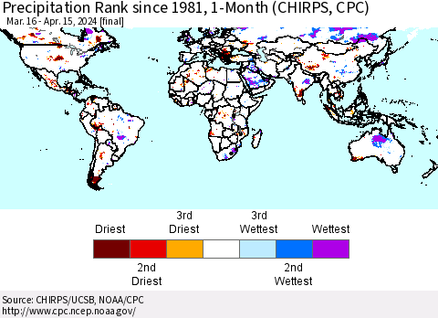 World Precipitation Rank since 1981, 1-Month (CHIRPS) Thematic Map For 3/16/2024 - 4/15/2024