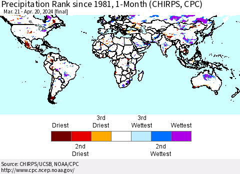 World Precipitation Rank since 1981, 1-Month (CHIRPS) Thematic Map For 3/21/2024 - 4/20/2024