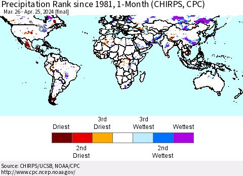 World Precipitation Rank since 1981, 1-Month (CHIRPS) Thematic Map For 3/26/2024 - 4/25/2024
