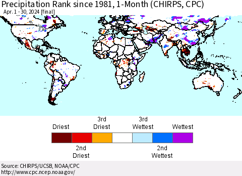 World Precipitation Rank since 1981, 1-Month (CHIRPS) Thematic Map For 4/1/2024 - 4/30/2024