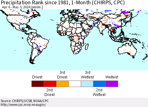 World Precipitation Rank since 1981, 1-Month (CHIRPS) Thematic Map For 4/6/2024 - 5/5/2024