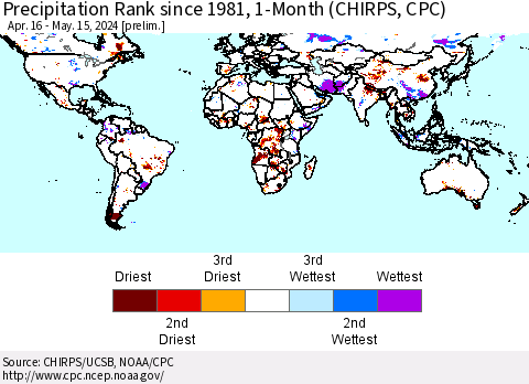 World Precipitation Rank since 1981, 1-Month (CHIRPS) Thematic Map For 4/16/2024 - 5/15/2024