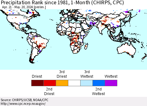 World Precipitation Rank since 1981, 1-Month (CHIRPS) Thematic Map For 4/21/2024 - 5/20/2024