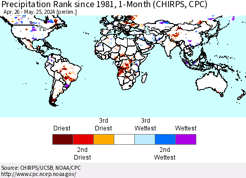 World Precipitation Rank since 1981, 1-Month (CHIRPS) Thematic Map For 4/26/2024 - 5/25/2024