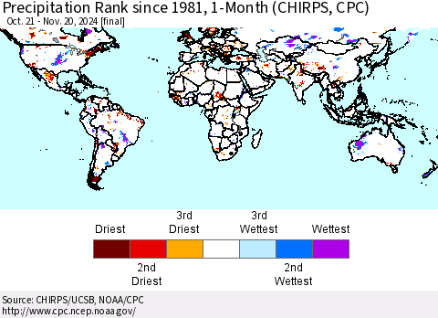 World Precipitation Rank since 1981, 1-Month (CHIRPS) Thematic Map For 10/21/2024 - 11/20/2024