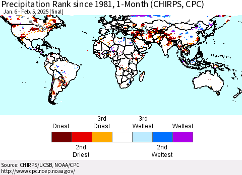 World Precipitation Rank since 1981, 1-Month (CHIRPS) Thematic Map For 1/6/2025 - 2/5/2025