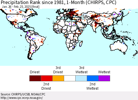 World Precipitation Rank since 1981, 1-Month (CHIRPS) Thematic Map For 1/26/2025 - 2/25/2025