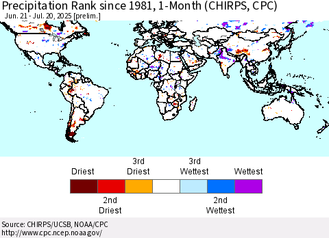 World Precipitation Rank since 1981, 1-Month (CHIRPS) Thematic Map For 6/21/2025 - 7/20/2025