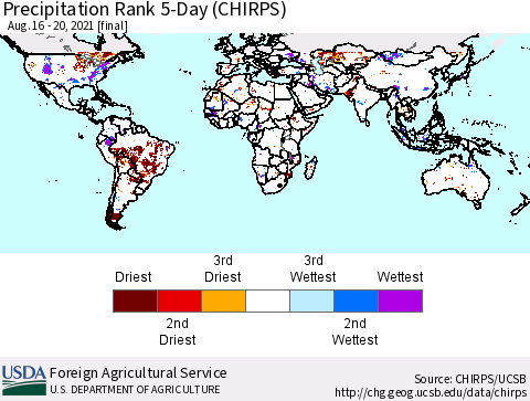 World Precipitation Rank since 1981, 5-Day (CHIRPS) Thematic Map For 8/16/2021 - 8/20/2021