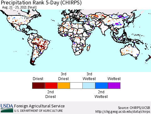 World Precipitation Rank 5-Day (CHIRPS) Thematic Map For 8/21/2021 - 8/25/2021