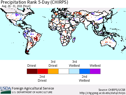 World Precipitation Rank since 1981, 5-Day (CHIRPS) Thematic Map For 8/26/2021 - 8/31/2021
