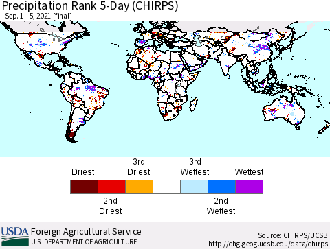 World Precipitation Rank 5-Day (CHIRPS) Thematic Map For 9/1/2021 - 9/5/2021