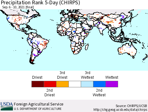 World Precipitation Rank since 1981, 5-Day (CHIRPS) Thematic Map For 9/6/2021 - 9/10/2021