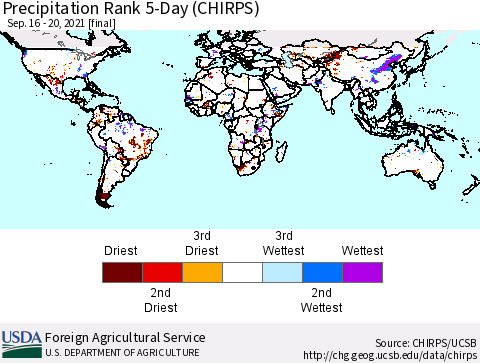 World Precipitation Rank 5-Day (CHIRPS) Thematic Map For 9/16/2021 - 9/20/2021