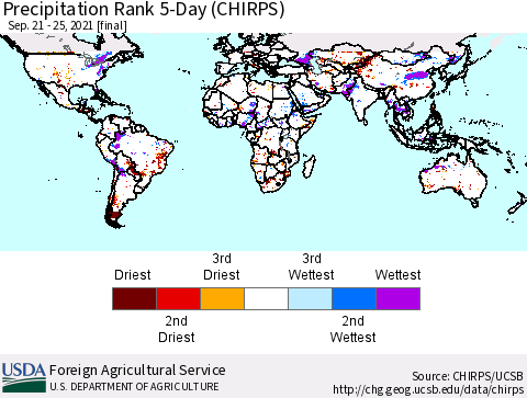 World Precipitation Rank since 1981, 5-Day (CHIRPS) Thematic Map For 9/21/2021 - 9/25/2021