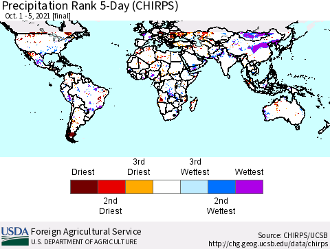 World Precipitation Rank since 1981, 5-Day (CHIRPS) Thematic Map For 10/1/2021 - 10/5/2021